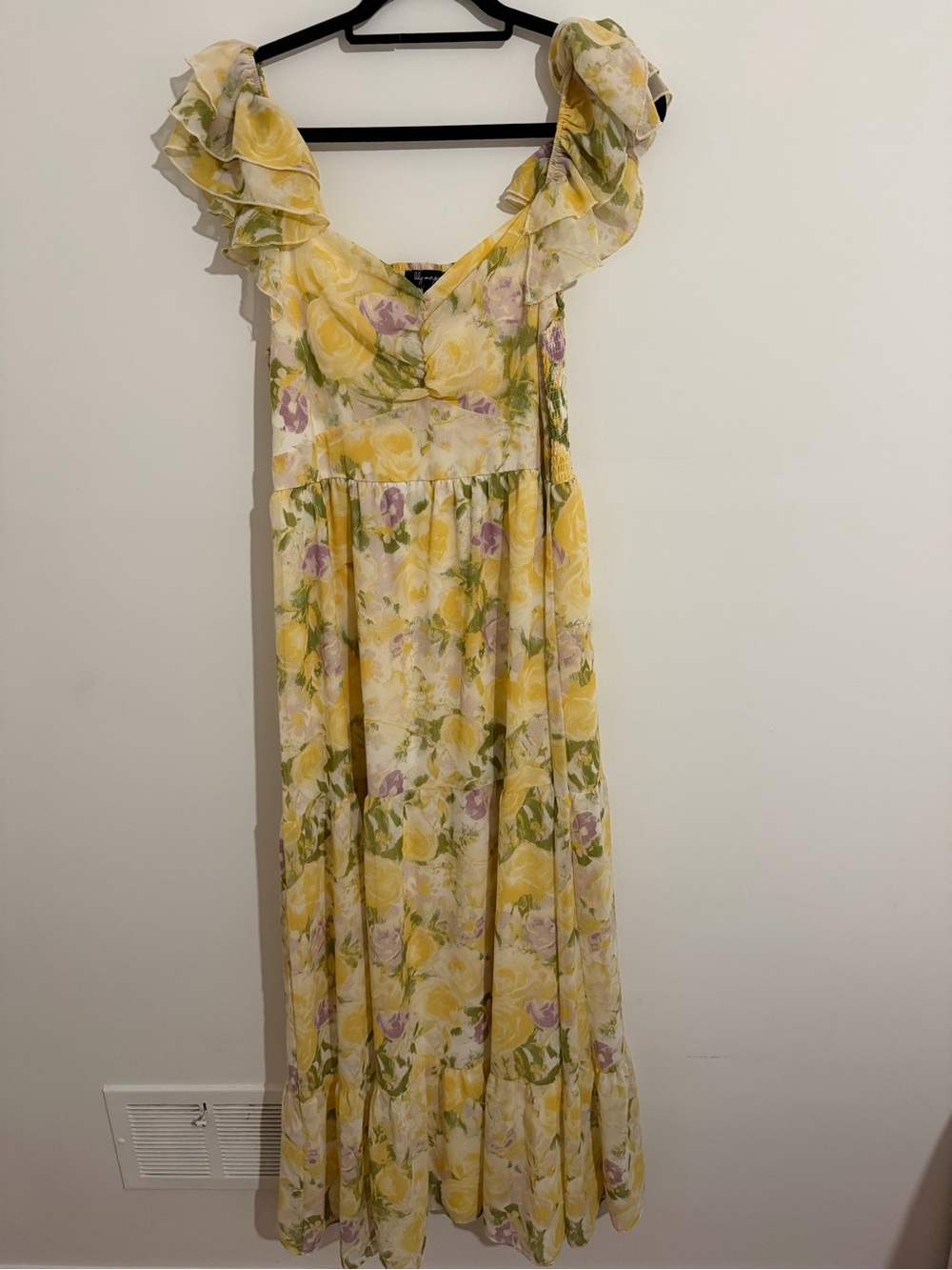 Yellow Floral Maxi Dress with Ruffle Shoulder Straps